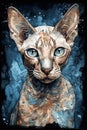 Watercolor portrait of sphinx cat on blue background, created with Generative AI technology.
