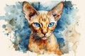 Watercolor portrait of a sphinx cat on white background, created with Generative AI technology.