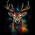 Watercolor portrait of a stag with antlers with colorful, bright, vibrant, and trippy colors
