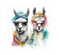 Watercolor portrait of two funny and cute llamas. Hippie style llama print. Two llamas isolated on a white background Royalty Free Stock Photo