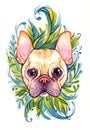 Watercolor portrait of a white bulldog on a bright floral background