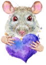 Watercolor portrait of white rat with violet heart