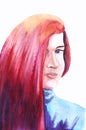 Watercolor portrait of young attractive woman with slight enigmatic smile. Long beautiful red hair cover half of face. Hand drawn