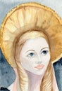 Watercolor portrait of a young beautiful caucasian blond woman in 19th century costume and bonnet