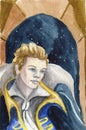 Watercolor portrait of a young blond beautiful aristocrat in the night castle