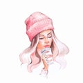 Watercolor portrait of young girl in warm hat Royalty Free Stock Photo