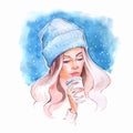 Watercolor portrait of young pretty girl with coffee Royalty Free Stock Photo