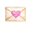 Watercolor postal envelope for Valentine, Christmas, New year greeting card. Beautiful romantic retro style. Hand drawn