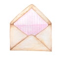 Watercolor postal envelope for Valentine, Christmas, New year greeting card. Pink stripe inside decor, beautiful