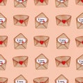 Watercolor postal envelopes on pink background. Seamless pattern. Vaentine`s day backround Royalty Free Stock Photo