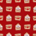 Watercolor postal envelopes on red background. Seamless pattern. Valentine`s day background