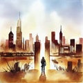 Watercolor of postapocalyptic with view of destroyed skyline and missing created with