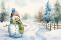 watercolor postcard with cute snowman happy with snow in snowy forest