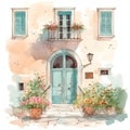 watercolor postcard door of an old cozy mediterranean house with flower bed