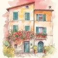 watercolor postcard facade of an old cozy mediterranean house