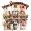 watercolor postcard facade of an old cozy mediterranean house with flowers on windows on white background