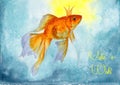 A watercolor postcard. Goldfish that fulfills all wishes. RGB image.