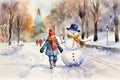 Watercolor postcard with happy girl and snowmen in a snowy park. Cute Character