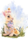 Watercolor postcard with little peach rabbit on the grass wth spring flowers in his hands. Easter bunny with bouquet Royalty Free Stock Photo