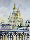 Watercolor postcard Sacre Coeur dome from Montmartre balcony, sp