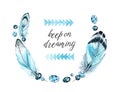 Watercolor poster with feathers. Banner with flying feathers in round wreath. Vibrant turquoise lettering and gemstones