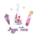 Watercolor poster for Halloween, bottle of magic potion, pendant, amulet, mysticism, time of magic