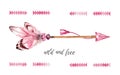 Watercolor poster with pink arrow. Banner with boho vibrant feathers, gemstones and lettering. Hand painted illustration