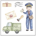 Watercolor Postman clipart, hand drawn illustration. Postman working, kids school card clip art, educational, cute children