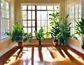 Watercolor of potted ferns placed around the floor of a sunlit sunroom