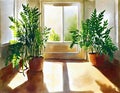 Watercolor of potted ferns placed around the floor of a sunlit sunroom