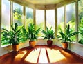 Watercolor of potted ferns placed around the floor of a sunlit sunroom