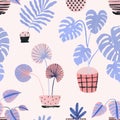 Watercolor potted houseplants background in scandinavian geometric style