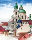 Watercolor Prague with beautiful buildings and cathedrals