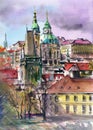 Watercolor Prague with houses, cathedrals and church steeples Royalty Free Stock Photo