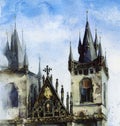 Watercolor Prague Tyn gothic temple painting.