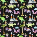 Watercolor prehistoric dinosaurs among volcanoes and palm trees seamless pattern