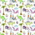 Watercolor prehistoric dinosaurs among volcanoes and palm trees seamless pattern