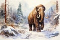 watercolor prehistoric woolly mammoth walking in a winter snowy forest