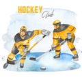 Watercolor premade card Hockey club with hockey players, ice, puck for invitations and cards