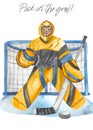Watercolor premade card Hockey goalie on goal with puck for invitations and cards