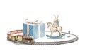 Watercolor present box, toy round railway with train, rocking cute horse and rabbit toy Royalty Free Stock Photo