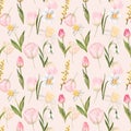 Watercolor pretty and cute hand painted spring flowers seamless pattern with pink background