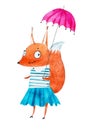 Watercolor pretty little squirrel girl wearing dress walking with an umbrella