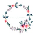 Watercolor pretty roses, blue and purple branches wreath