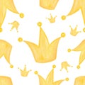 Watercolor Princess yellow crowns seamless pattern on white background