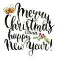 Watercolor print witn Merry Christmas and happy New Year lettering. Hand painted modern calligraphy card with bells and