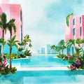 Watercolor of Product display piscina de lujo background piscina agua turquesa y palmeras IA generativa