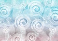 Watercolor provence winter Background. White circle or spiral splashes and feather on colorful blue and violet gradient Royalty Free Stock Photo