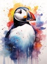 Beautiful puffin bird with a Santa hat, wate rcolor painting Christmas theme.