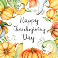 Watercolor pumpkin and autumn leaves card. Harvest composition. Happy Thanksgiving day. Hand drawn illustration Royalty Free Stock Photo